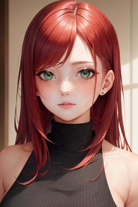 13273-3068375598-masterpiece, best quality, ultra-detailed, beautiful lighting, 1girl, red hair, green eyes, freckles, turtleneck, looking at vie.png